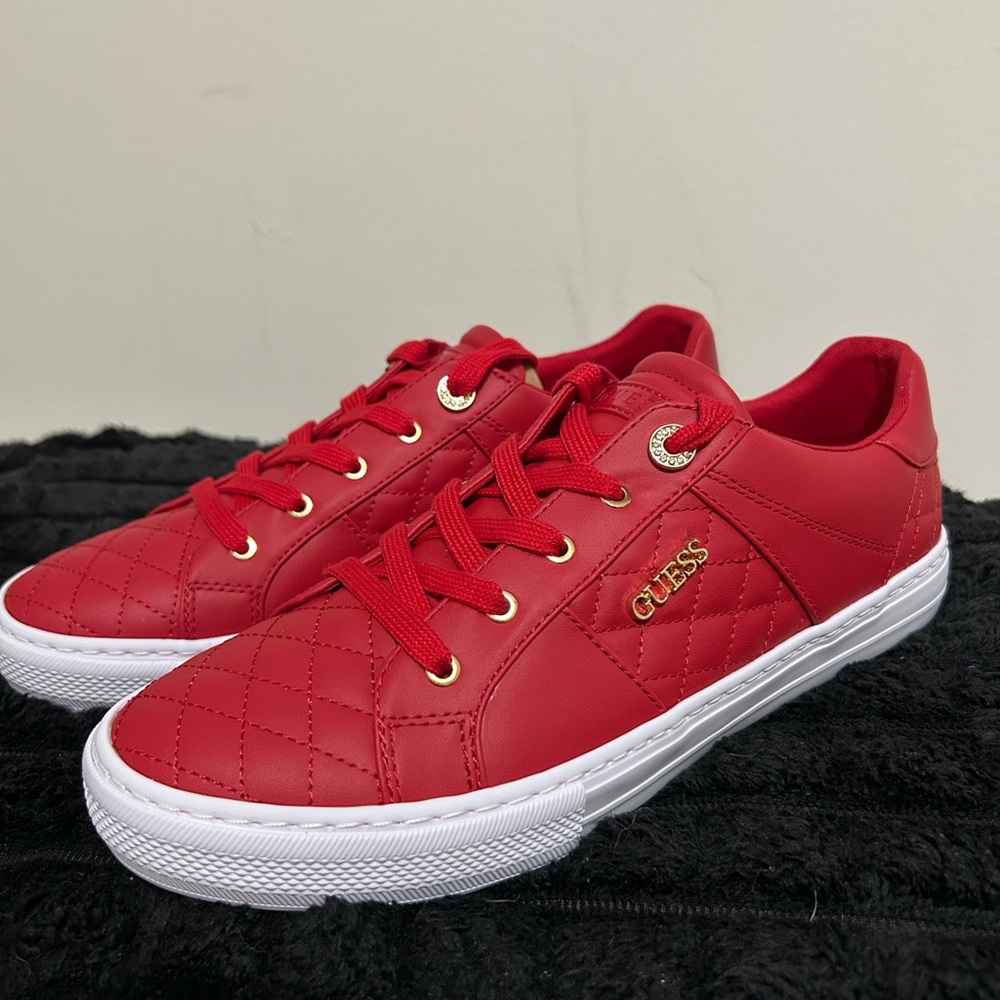 NEW Guess Size 11M, Red Quilted Sneakers with Gold Details